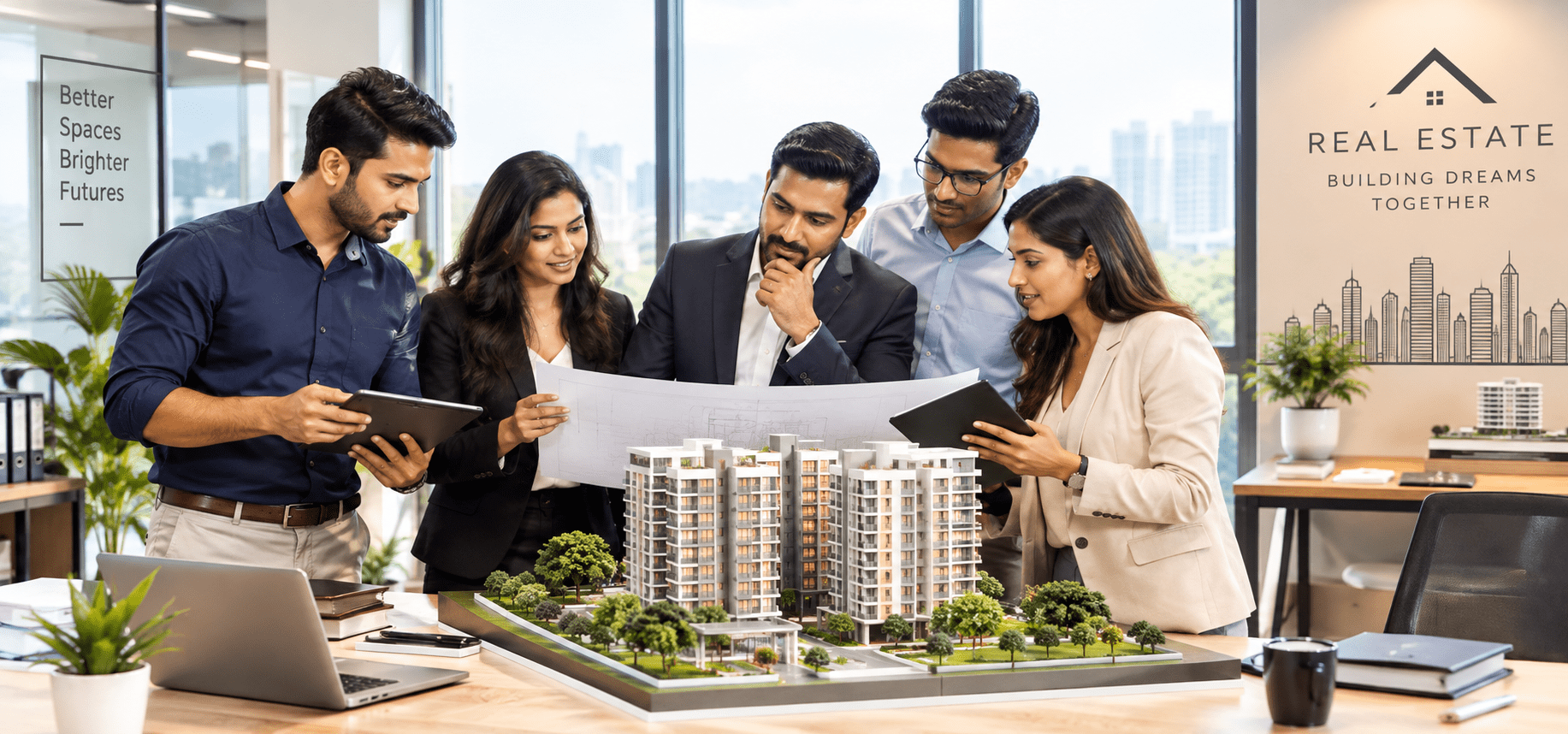 Indian real estate professionals discussing a property project in Bangalore