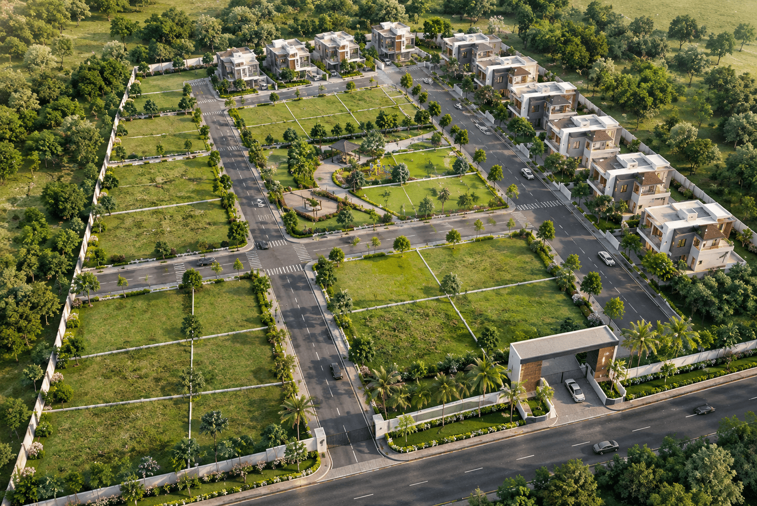 Aerial view of residential plots and luxury villas in a landscaped gated community