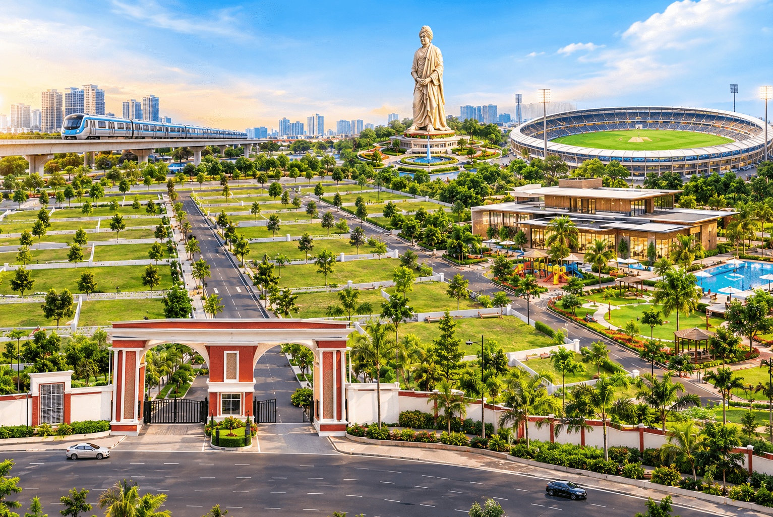 Aerial view of residential plots, luxury villas and landscaped amenities in KHB Surya City Phase 4
