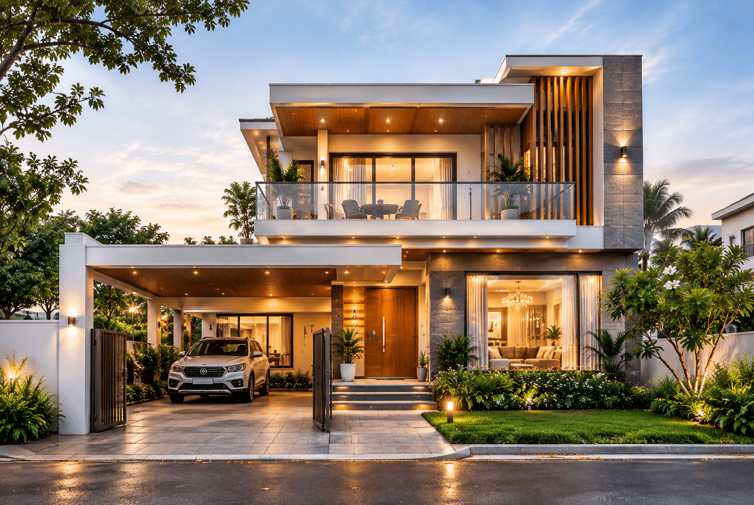 Modern luxury villa front view with landscaped garden and contemporary architecture