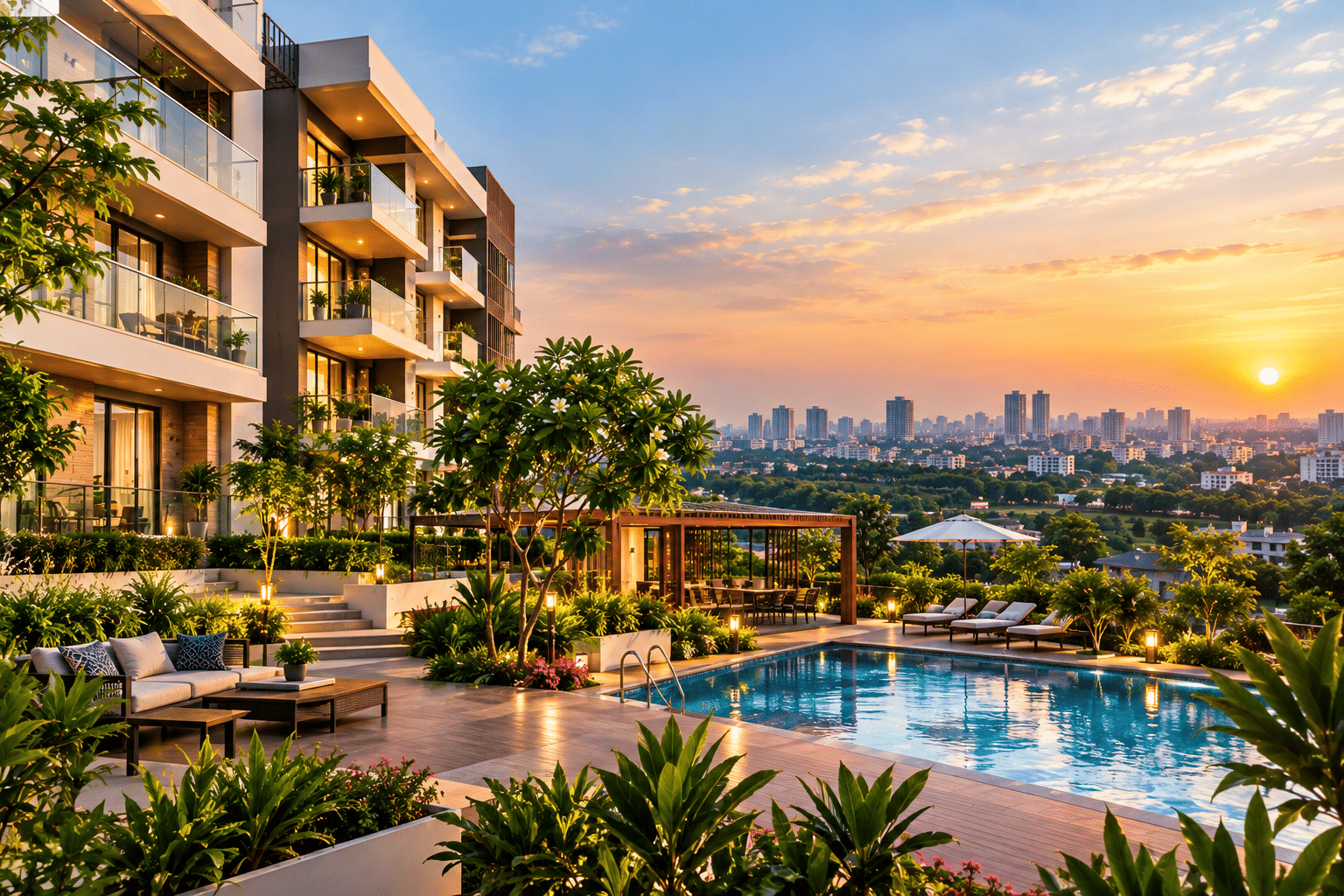 Premium residential projects in Bangalore with modern apartments, landscaped gardens and swimming pool