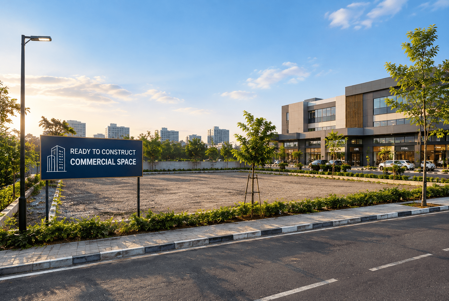 Ready-to-construct commercial plot with modern retail complex and landscaped surroundings